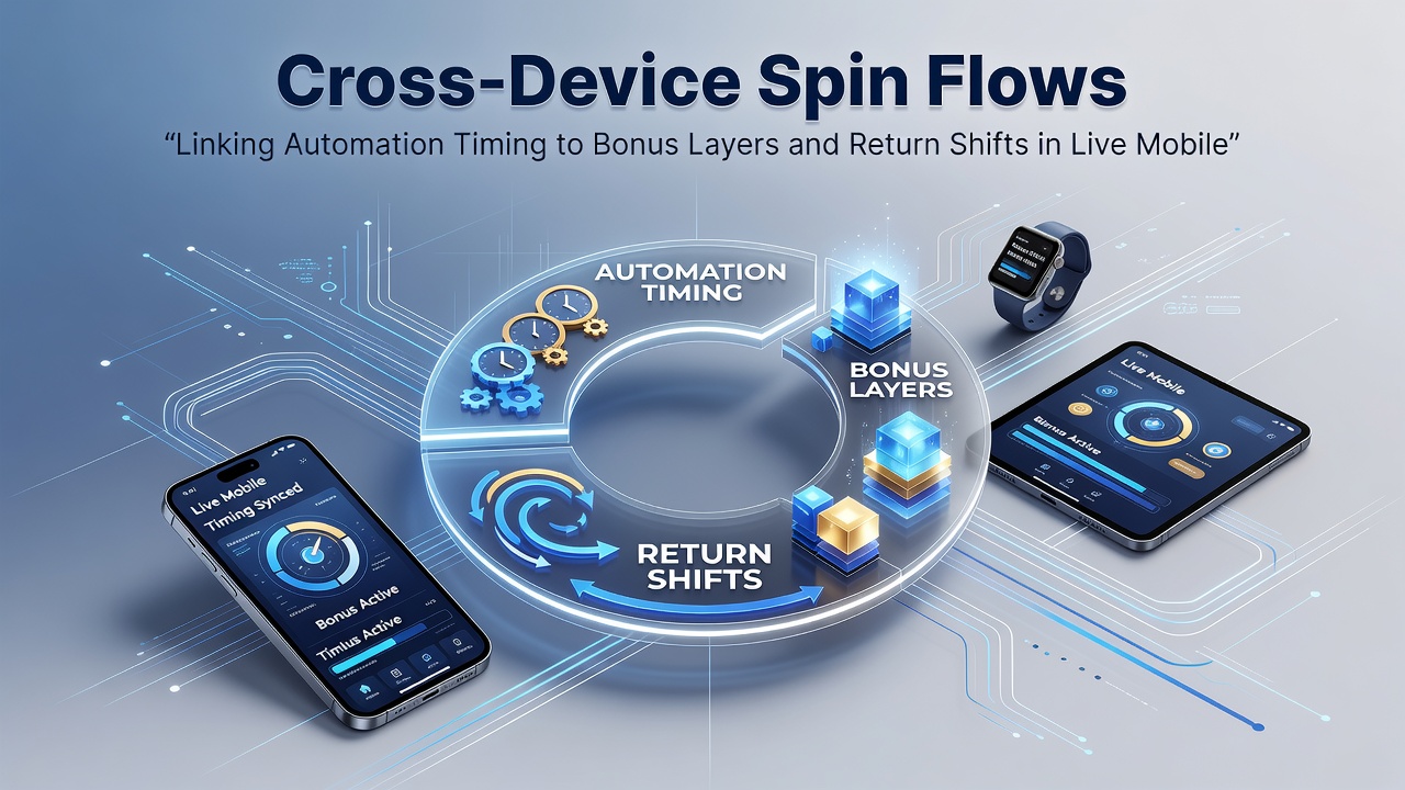 Illustration der Synchronisation von Spin-Timing, Bonus-Layern und RTP-Verschiebungen über verschiedene mobile Geräte